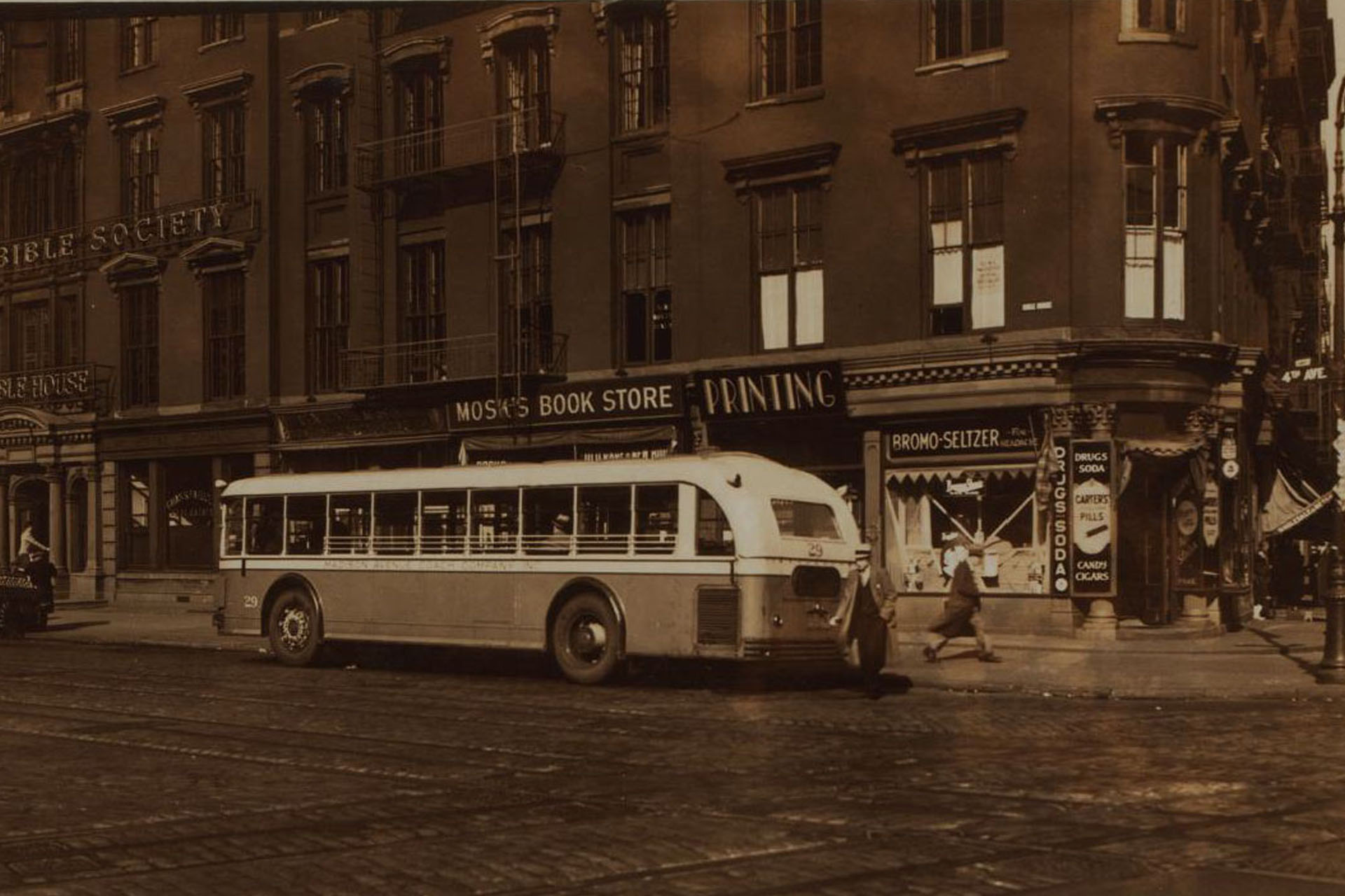 A bus in front of a bookstore in NYC