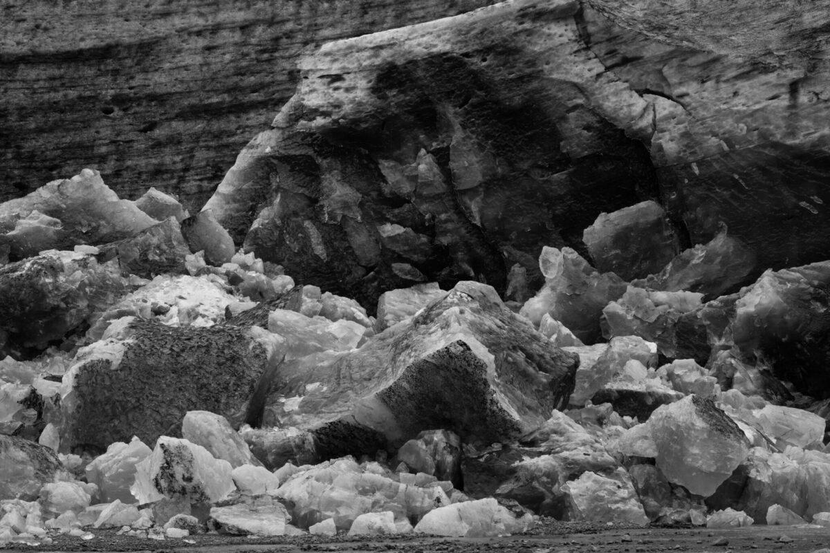 Black and white photo of a glacier